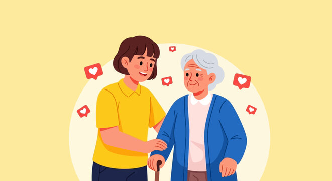 Compassionate young woman assisting an elderly lady, surrounded by heart icons representing love, care, and social volunteering - Powered by Adobe