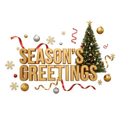 Fototapeta premium Season's Greetings text, festive Christmas tree, holiday ornaments on transparent background