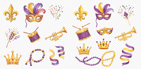 A collection of Mardi Gras carnival celebration elements including masks, crowns, beads, musical instruments, and confetti. © studio
