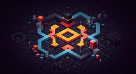 Dynamic abstract geometric design with vibrant colors, perfect for modern tech brand or innovative concept visualization, creating cutting-edge digital experience