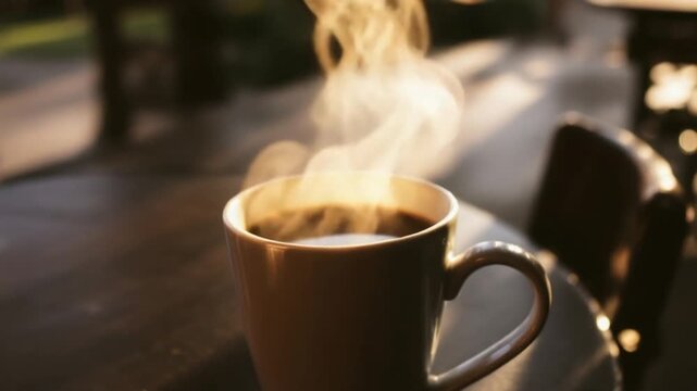 Steaming Coffee Cup on Table - A Warm Morning Ritual.