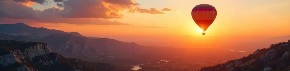 Fototapeta premium A vibrant hot air balloon drifts serenely across a breathtaking landscape, bathed in the warm glow of sunrise Perfect for travel, adventure, and freedom themes , nature, landscape, basket