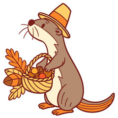 Cheerful Sea Otter, set in a charming Thanksgiving theme – Grateful Harvest color vector art