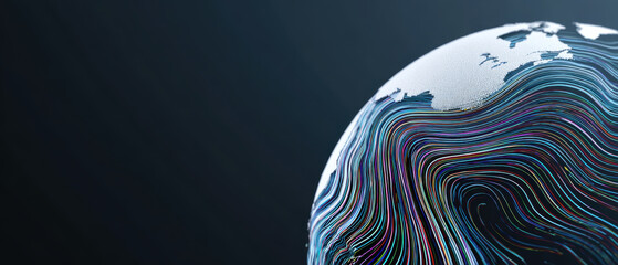 Abstract globe data stream digital wave global network technology earth lines curve gradient dark background. Abstract globe data stream digital