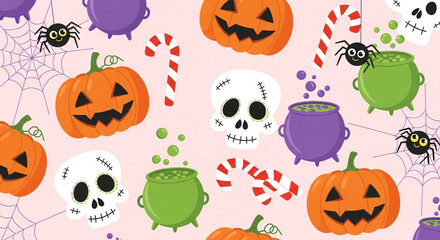 Cute Halloween pattern featuring pumpkins, candy canes, spiders, skulls and cauldrons on pink background Ideal for festive celebration design