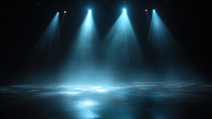 A dimly lit stage with blue spotlight beams illuminating a misty surface, creating an atmospheric and dramatic ambiance.