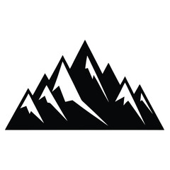 Black silhouette of a multi-peaked mountain range with white snow accents on a white background