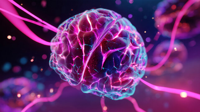 A glowing, electric brain with pink and blue lines emanating from it against a dark background