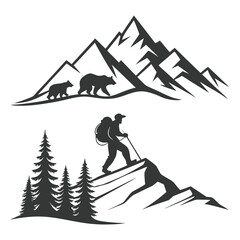Black Silhouette of Bears and a Hiker in Mountainous Landscapes on White Background mountains