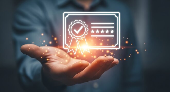 A hand presents a certificate icon, representing quality assurance, achievement, and recognition of excellence, highlighting the importance of standards and validation - Powered by Adobe