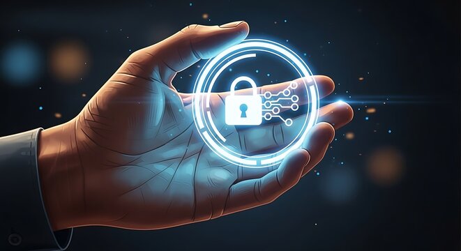 A hand displays a padlock icon, symbolizing cybersecurity, data protection, and digital security, emphasizing the need for privacy and secure online transactions