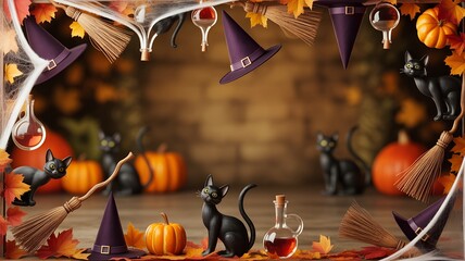 Halloween Witchy Scene with Black Cats and Pumpkins.