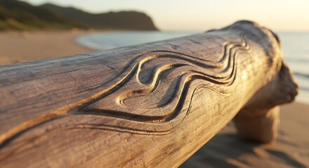 Close-up of driftwood with carved wave design on a sandy beach.