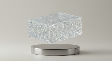 Ice cube hovering over a metallic platform in a studio setting.