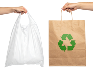 Hands holding a plastic bag and a paper bag