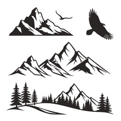 Collection of Black Silhouette Mountain Ranges and Flying Birds on White Background mountains
