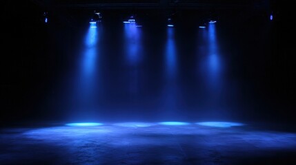 A dark stage illuminated by blue spotlight beams, creating a dramatic atmosphere for performances or events.