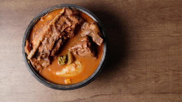 Fufu With Smoked Fish Light Soup and Goat Meat, Africa Ghana Traditional Dish
