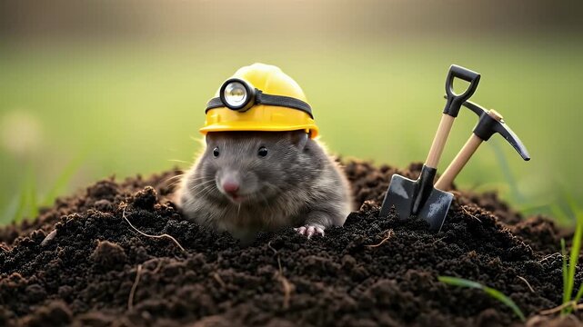 Curious rodent wearing a yellow safety helmet on a pile of soil with tools in a natural setting