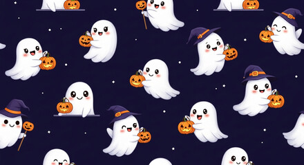 Seamless pattern featuring cute ghosts with pumpkins on a dark blue background, ideal for Halloween-themed designs, fabrics, or digital assets.  Represents playful, spooky fun.