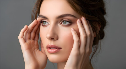 Fototapeta premium Elegant Beauty Portrait with Flawless Skin Young Woman Demonstrating Skincare Touching Face Clean Healthy Hydrated Face Youthful Complexion Wellbeing Serene Look