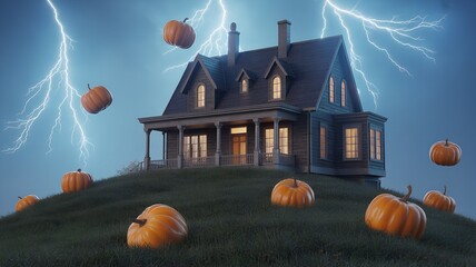 Haunted house on a hill with flying pumpkins and lightning.