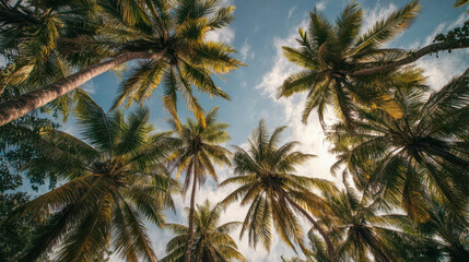 Obraz premium Bottom view of coconut palm trees under blue sky and sunshine, tropical paradise