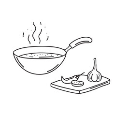 A wok beside a cutting board with sliced garlic and chili