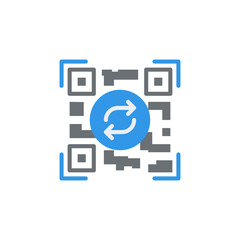 Obraz premium Square QR code symbol with blue circular refresh arrows in the center on a white background with blue corner indicators and grey pixelated data blocks