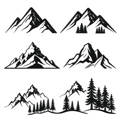 Collection of stylized mountain range illustrations with pine trees on a white background silhouette