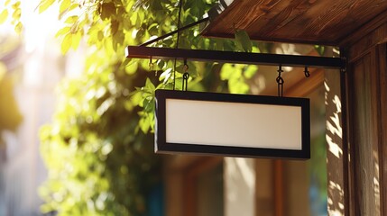 A blank hanging sign surrounded by greenery, illuminated by soft sunlight, suggesting a welcoming atmosphere.
