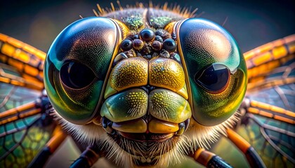 Close-up Dragonfly Face, Vibrant Colors, Detailed Eyes.