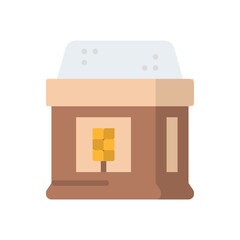 Stylized flat icon of a bakery building with a warm brown exterior and a light gray roof featuring a small window with yellow grid detail representing bake