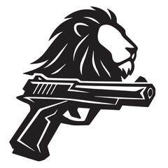 Bold black silhouette of a lion head combined with a handgun symbolizing power strength and courage perfect for logos tattoos apparel and creative artwork themes