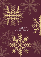 Festive greeting card design. Snowflakes falling, vintage grunge texture. Merry Christmas seasonal postcard. Holiday design with snow flakes pattern, snow winter poster. Grainy noise. Flat vector.