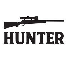 Bold black rifle silhouette placed above hunter text representing adventure and outdoor sport ideal for logo apparel poster and hunting themed creative artwork and designs