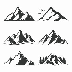 Diverse Collection of Six Black and White Silhouette Mountain Landscape Illustrations mountains