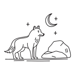Obraz premium A wolf standing beside a snow-covered rock under moonlight