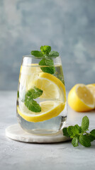 Fototapeta premium Lemon water mint glass slice fresh cold drink detox citrus healthy refresh summer hydrating ice herb clear mineral organic diet cleanse beverage