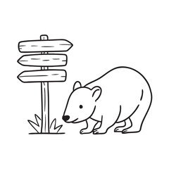 A wombat beside a wooden sign marking a nature reserve