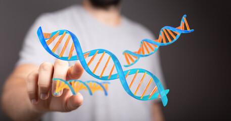 High-quality image of a hand interacting with a 3D DNA model. Perfect for science, technology, and...