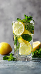 Fototapeta premium Refreshing glass of lemon and mint infused water with ice, perfect for summer day
