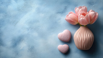 Delicate Pink Tulips in Vase with Heart Candies on Textured Blue Background - Romantic Still Life
