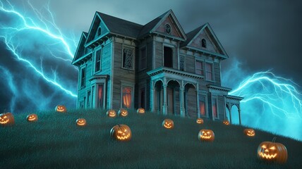 Haunted Victorian house with lightning and jack-o-lanterns.