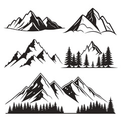 Multiple Black And White Mountain Silhouettes With Pine Forest Elements On White Background mountains