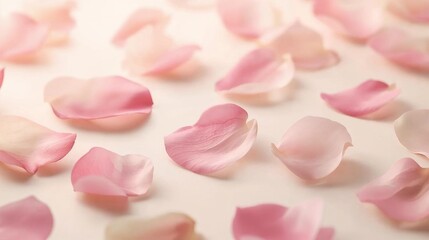 Obraz premium Softly focused blush rose petals elegantly dispersed across a smooth, creamy light background, presenting a serene, romantic, and minimal aesthetic with ample copy space for delicate designs