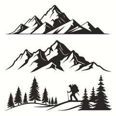 Silhouette Collection of Rugged Mountain Ranges and a Hiker with Backpack and Trekking Poles Amidst Pine Trees