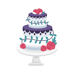 Pixel Art Wedding Cake Decorated With Pink Roses And Teal Vines Against A White Background Featuring Two Tiers With Purple Icing And White Frosting