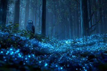 Enchanting owl with glowing eyes surveys a magical forest floor illuminated by sparkling blue lights, creating a whimsical and captivating scene