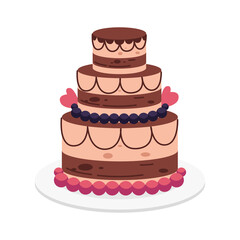 Pixelated Three Tiered Cake With Pink And Brown Decorations Served On A White Plate With Pink Border